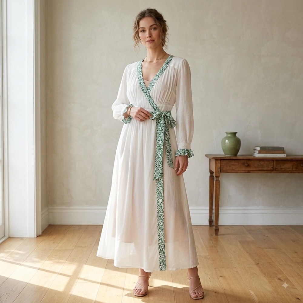 EDDY Anthropologie Rachael Wrap Midi Robe Alabaster Ivory Grassy Knoll Floral XS